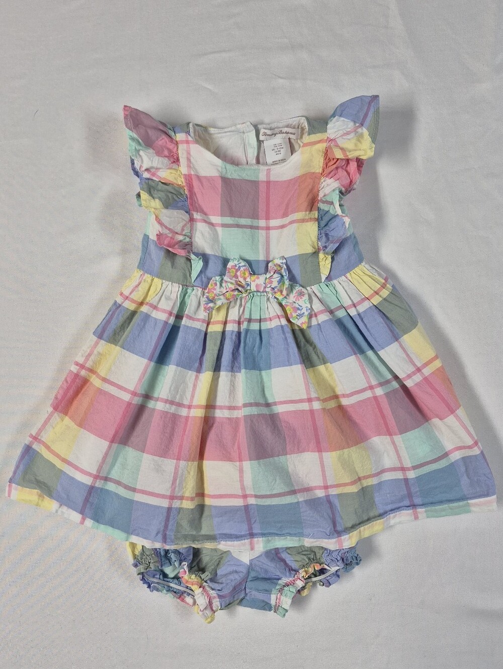 Tommy Bahama Toddler Girl Pastel Plaid Ruffle Dress With Bloomers Size 12 Mos.